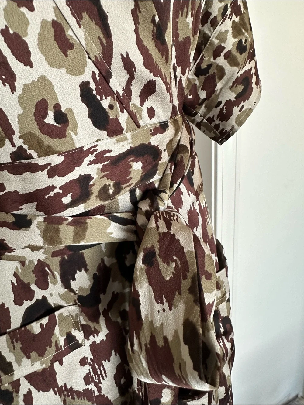 J Crew Women's Wrap Dress in Olive & Brown Animal Print